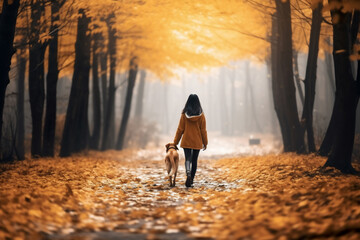 A young asian woman is walking happy on a forest trail with a dog running around in a old and tranquil forest seen from behind - vibrant autumn coloration of leaves on a walk in spare or free time - obrazy, fototapety, plakaty