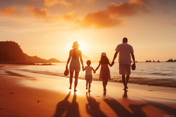 A happy asian family is walking on the sand next to the waterline with in summer clothing on a European during sunset beach - an active family: family and relaxing time concept on vacacion