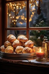 profiteroles. eclairs. shu. Delicious desserts showcase of a confectionery shop. New Year and Christmas decor. garland with warm light.