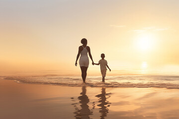 Fototapeta na wymiar A happy african american mother and son are walking on the sand next to the waterline with in summer clothing on a European during sunset beach - an active family: family and relaxing time concept on 