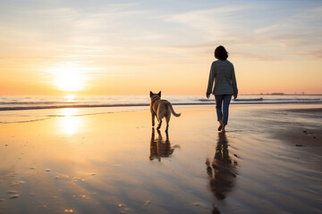 A senior asian female is walking next to the waterline seen from the back with a dog running happily around on a calm and tranquil beach during sunset - relaxing activity dog and human walking