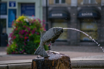 Fountain element in the form of a fish made of metal pouring a stream of water from its mouth