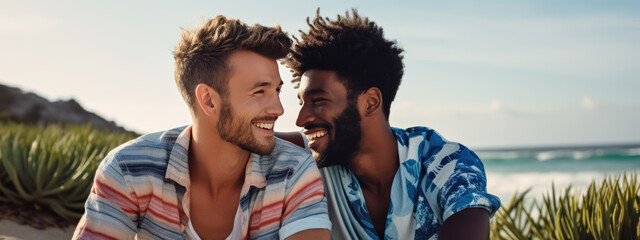 Homosexual couple happily hugging and smiling against the backdrop of the beach - obrazy, fototapety, plakaty