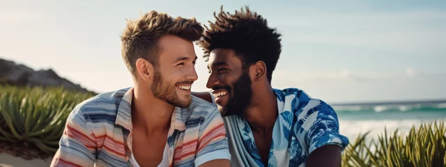  Homosexual couple happily hugging and smiling against the backdrop of the beach © MP Studio