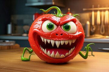 Mutant tomato, with sharp teeth and a menacing smile, sits in a kitchen setting, playfully highlighting concerns surrounding genetically modified organisms, GMO. A humorous illustration - obrazy, fototapety, plakaty