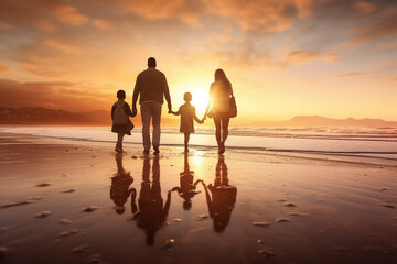 A happy caucasian family is walking on the sand next to the waterline with in winter clothing on a tropical during sunset beach - an active family: family and relaxing time concept on vacacion