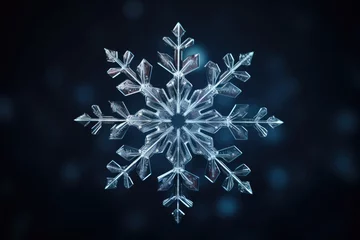 Fotobehang Winter composition with single snowflake on dark background. Frozen snow crystal close up © Lazy_Bear