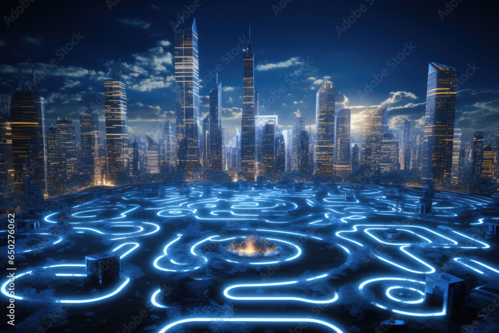 Poster digital city with illuminated connection lines on dark background. futuristic smart city concept. bi