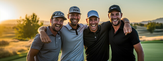 Group of happy friends playing golf on the course
