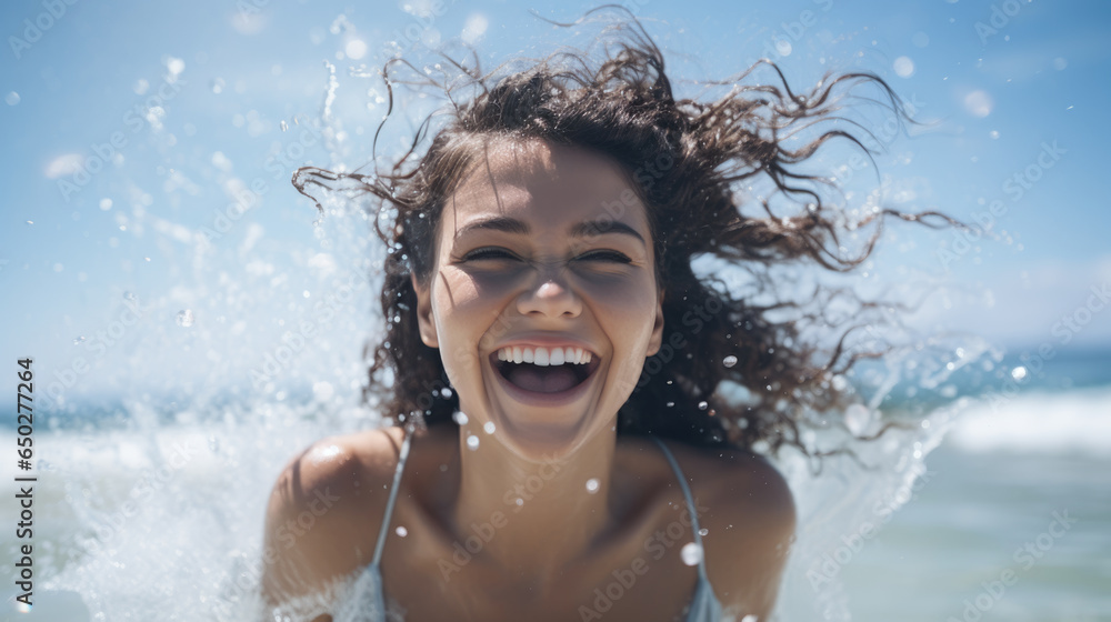 Sticker happy woman enjoys a seaside vacation splashing water on the beach