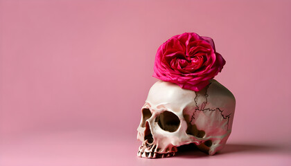 Skull with rose flower on pink background. Copy space.