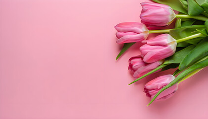 Obraz premium Flowers composition romantic. Pink flowers tulips on white background. Wedding. Birthday. Happy woman's day. Mothers Day. Valentine's Day. Flat lay, top view, copy space