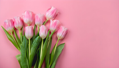 Creative arrangement of tulips on pink background. Flat lay. Copy space.