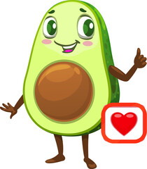 Cartoon Mexican avocado character with love heart emoji and thumb up, vector emoticon. Cute avocado with smile face and heart like or love icon, kids funny food personage
