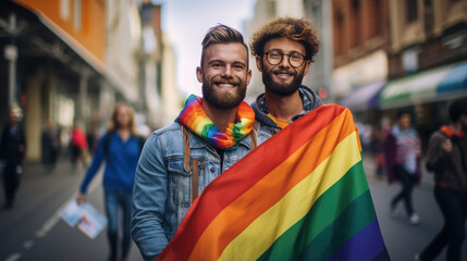 Portrait of two men with LGBT flag