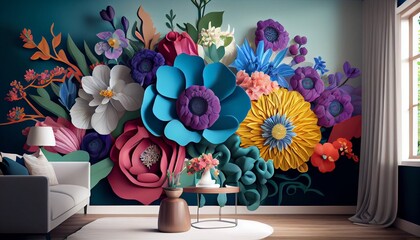 sofa with 3D colorful flowers on the wall. abstract background. Generative in ai
