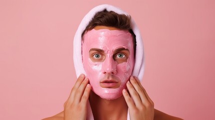 Young man applies cream mask on face has beauty session, wears bath cap,  isolated over pink background. Facial treatment, man skin care concept.