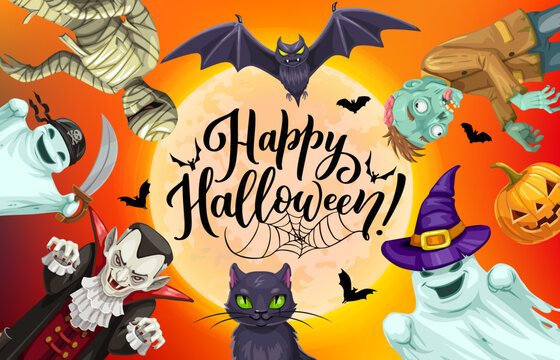 Cartoon Halloween scary holiday characters at midnight moon sky, vector spooky monsters. Happy Halloween horror night ghost in witch hat, pumpkin lantern and vampire with dead zombie, mummy and bats