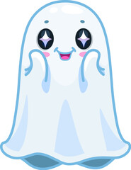 Halloween kawaii ghost character, isolated cartoon vector charming spook with adorably big, sparkling eyes that radiate innocence and wonder, casting a heartwarming glow amidst its spectral form