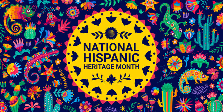 National hispanic heritage month banner with flowers, lizards, cactuses and pinata. Vector background with alebrije style reptiles and floral pattern, showcasing rich culture of hispanic communities