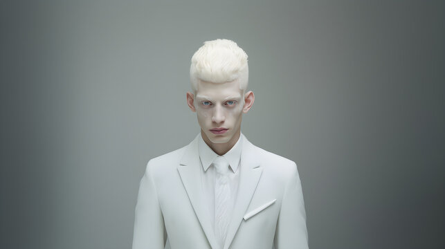 Young albino blond man wearing white over isolated gray background looking confident and happy.