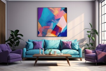 Living Room With Full Wall Flat Geometric Purple Green Blue