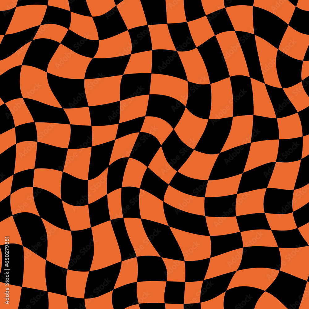 Wall mural Halloween psychedelic seamless pattern, optical curvy wavy background. Vector distorted checkerboard hippie backdrop, curve retro groovy grid in Y2k style, repeated distorted print in orange and black