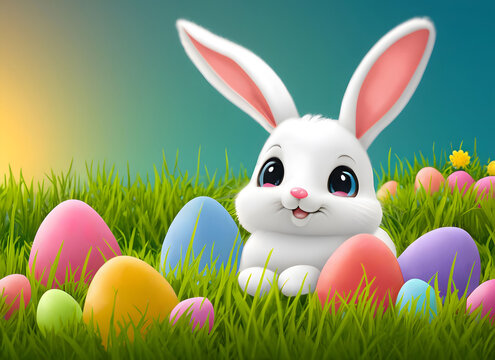 A cute white Easter Bunny with colorful eggs in a meadow, illustration