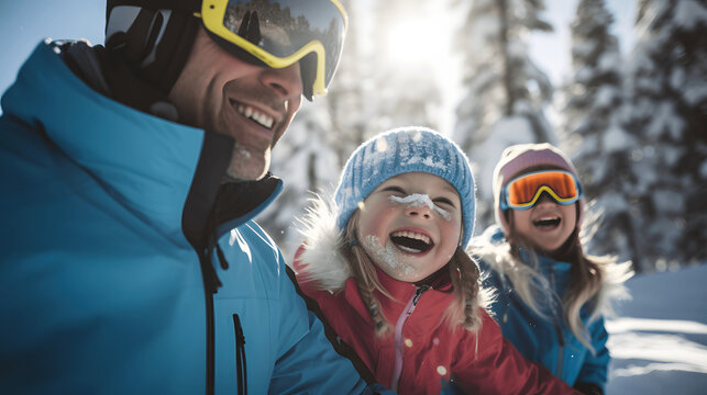 Familias felices jugando en la nieve en invierno