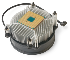 close-up of cpu stuck to cooler heatsink isolated on white background, difficult to separate the cpu or processor from the cooler due to hardened thermal paste, computer repair and service concept