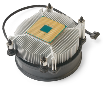 close-up of cpu stuck to cooler heatsink isolated on white background, difficult to separate the cpu or processor from the cooler due to hardened thermal paste, computer repair and service concept