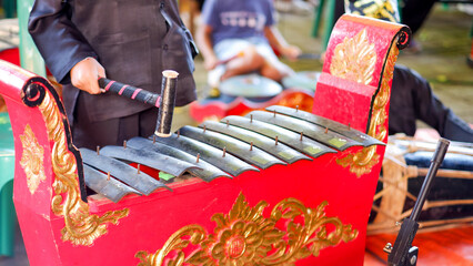 Little gamelan players in action. Gamelan is a traditional ensemble music in Indonesia.