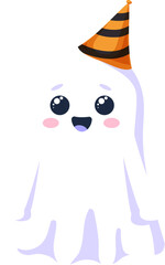 Halloween kawaii ghost character wearing striped festive hat. Isolated cartoon cute vector phantom, smiling spook adding a delightful touch of whimsy and spookiness to the holiday seasonal festivities