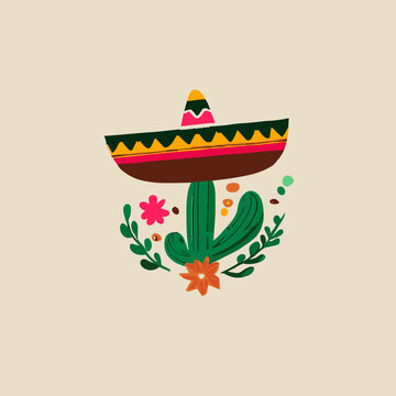 cute minimalist illustration of cactus wear mexican hat sombero with floral and flower splash, for greeting card or sticker
