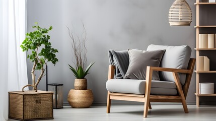 a living room with a chair and a plant
