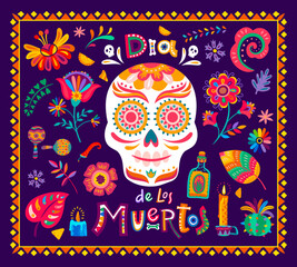 Day of the dead mexican holiday banner. Dia de los muertos calavera skull, tropical flowers and candles, tequila drink and jalapeno peppers. Vector greeting card in traditional alebrije ethnic style