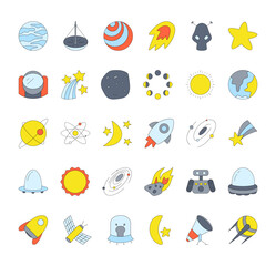 Set space simple element flat vector collection illustration cosmic astronaut theme sky