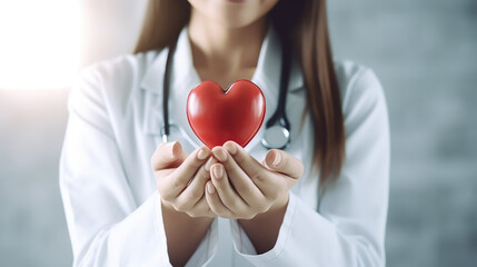 Female doctor holding a heart model with two hands. Health care business background, copy space.