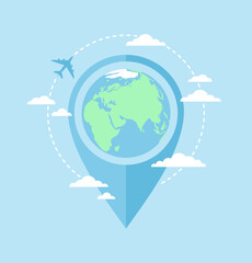 Earth globe inside a large location sign with an airplane flying around it and clouds on a blue background. Flat vector illustration