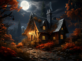 Obraz premium Isolated Halloween cabin in a creepy forest. AI Generation.