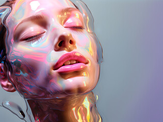 Fashion Surreal Concept. Closeup portrait of stunning girl portrait in pastel neon liquid molten chrome fluid dripping . dynamic composition light, advertisement, magazine, copy space	
