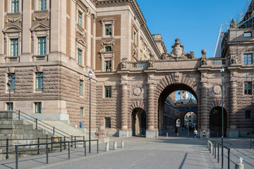 Fototapeta na wymiar Stockholm Sweden, Riksdagshuset or Parliament House, Riksdag. Arched historic gate in Gamla Stan.