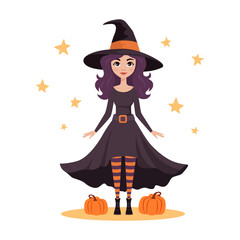 Cute witch in hat, pumpkins and stars. Cartoon character for Halloween design
