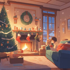 girl at home with fireplace