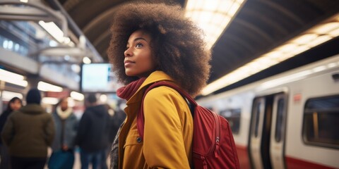 Back view portrait of young african american young woman with backpack waiting the train in metro, generative ai - obrazy, fototapety, plakaty