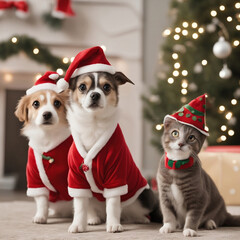 Christmas dog and cat "Charming pets dressed in adorable holiday outfits, their furry companionship adding warmth and cheer to the festive season. These lovable animals are surrounded by a whimsical a