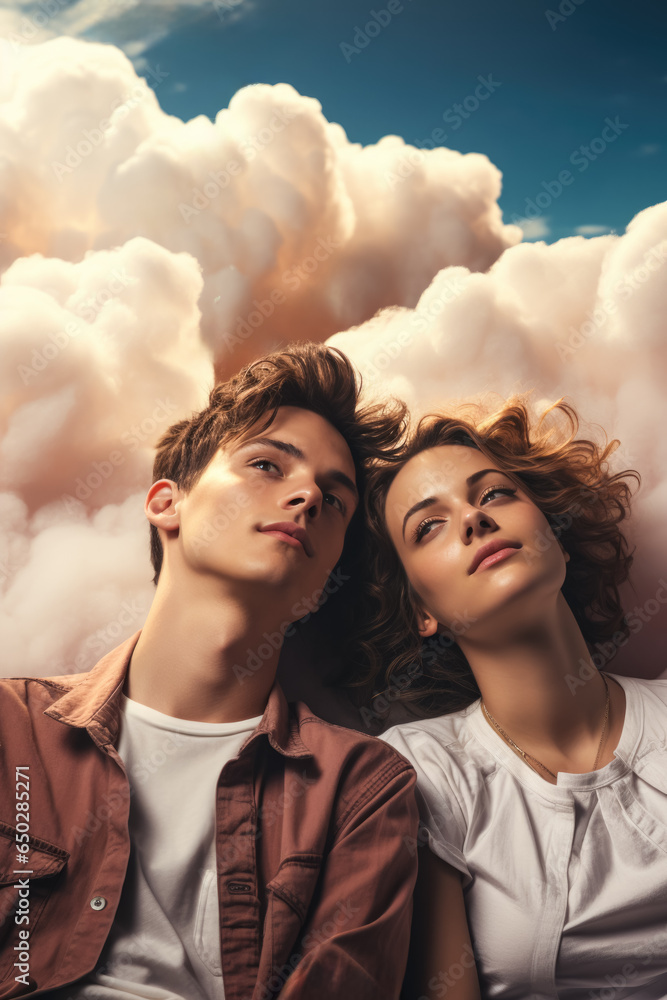 Poster young teens dozing on whimsical clouds fantasy landscape background with empty space for text