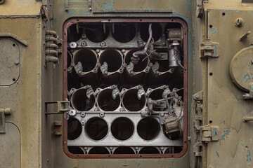 Compartment for Shells (projectiles) of a destroyed Russian self-propelled artillery. Close-up.