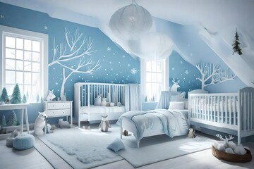 a winter wonderland kids' room with a woodland creatures and snowy landscape theme, featuring a color scheme of icy blues, soft grays, and woodland greens.  - obrazy, fototapety, plakaty