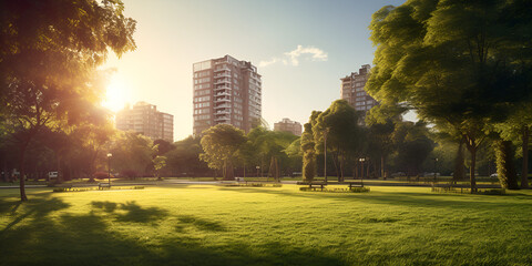 City Building Park Images , Urban Park with City Skyline - obrazy, fototapety, plakaty